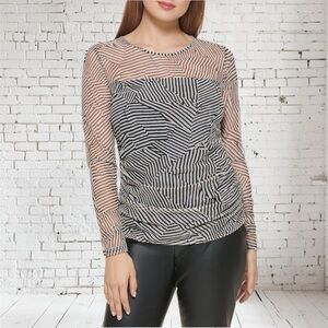 🌺DKNY Womens Mesh Side Ruching Lightweight Ivory & Black Lined Top SzXS NWT